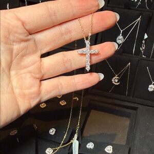 Gold Cross Pendant Necklace with Clear Stones - Women Jewelry